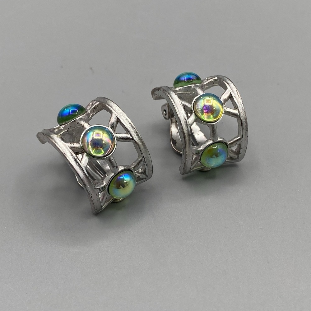 Givenchy Silver Tone Hoop Clip Earrings Vintage Iridescent Art Glass Huggie